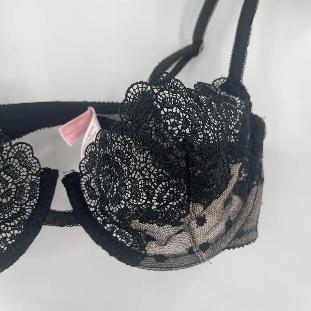 VICTORIA'S SECRET Bra Size 34B Very Sexy Y2K 2000s Balconet Lace Mesh Lingerie
